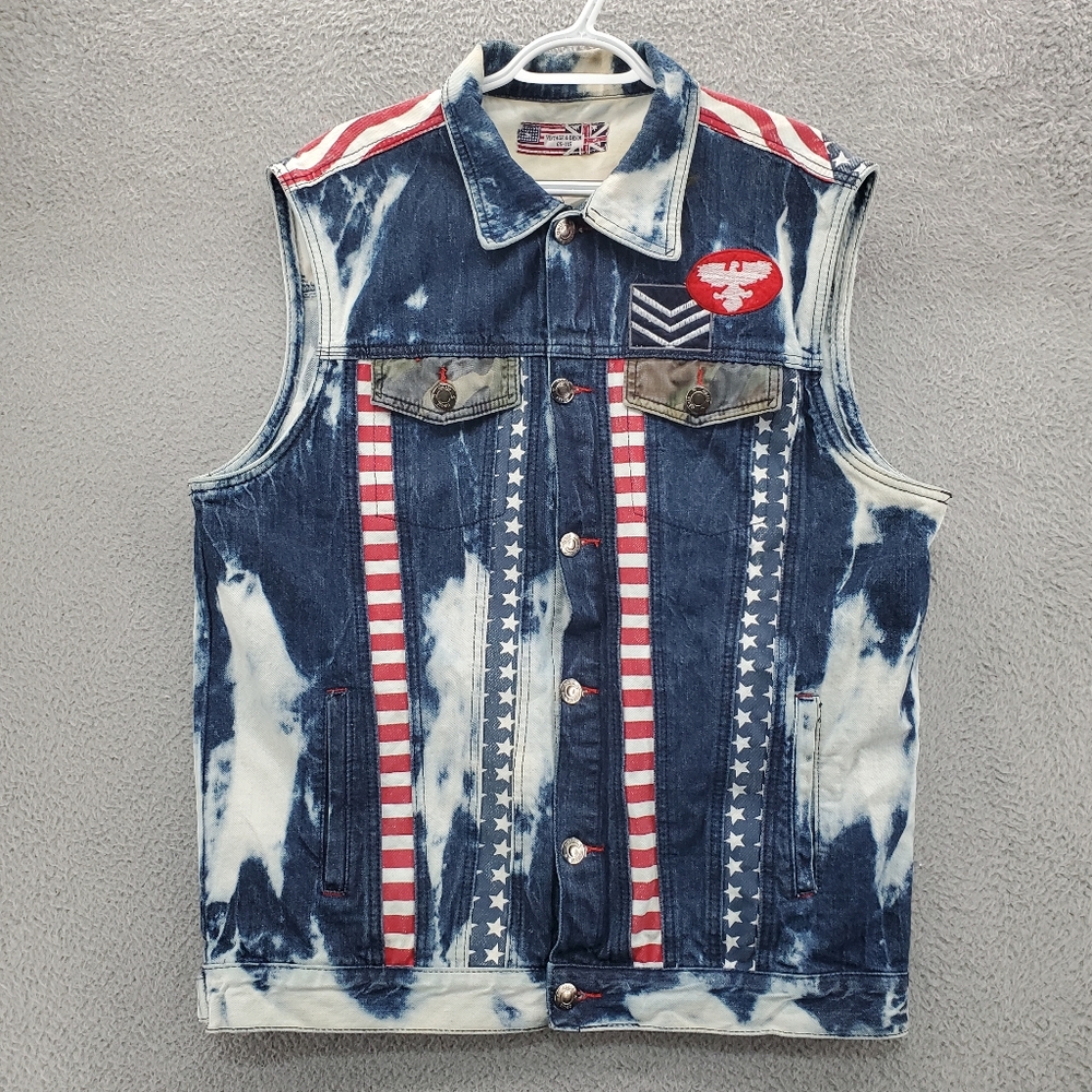 GS-115 Denim Vest Mens XL American Flag Print Distressed